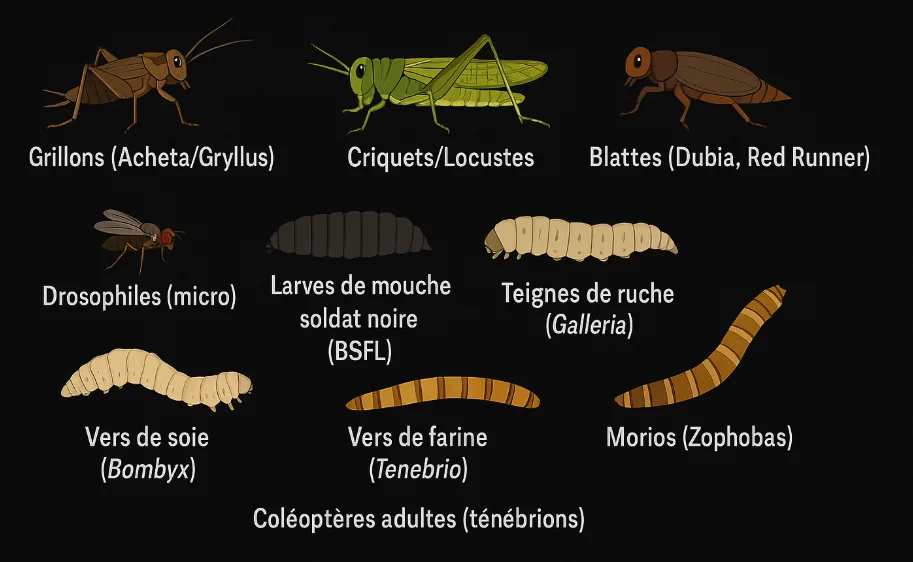 Proies pour tribolonotus : grillons, criquets, blattes, vers